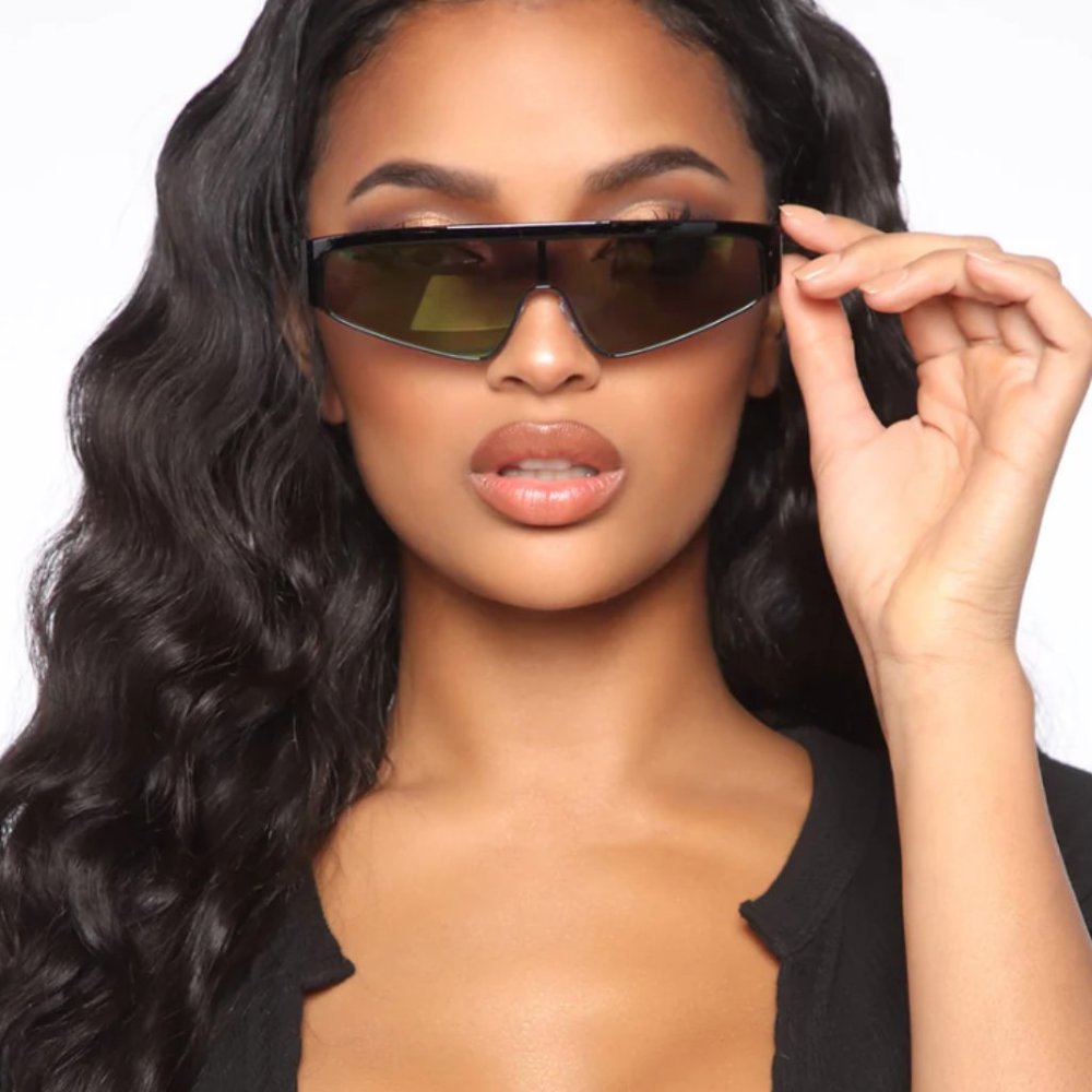 Fashion Nova Black Shield Sunglasses with Green Tint